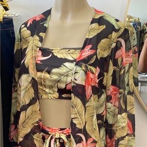 Tropical Floral Two-Piece Set - Black Base with Green & Coral Print